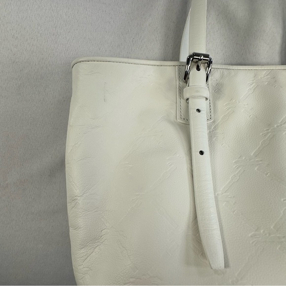Longchamp • LM Cuir Embossed Logo Metal Luggage Tag White Double Shoulder RARE - Picture 6 of 14
